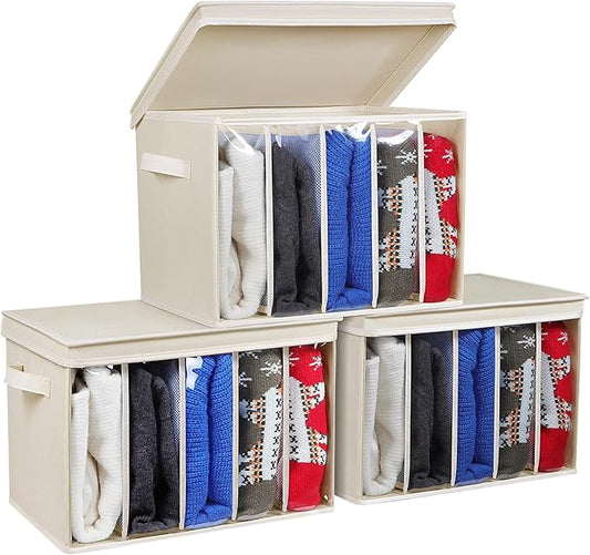 Zilink Upgraded Clothes Organizers with Lids and Support Boards Large Sweater Organizer for Closet Shelf with 5 Grids Divider Wardrobe Organizer for Sweaters, Jeans, Pants, Beige, 3 Pack