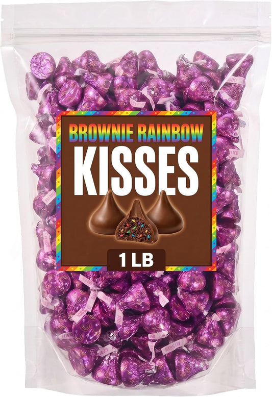 Rainbow Brownie KISSES Chocolate Candy, Comes in a 1 LB Resealable Pouch | Individually Wrapped Milk Chocolate with Brownie Flavored Creme and Colored Sprinkles, Perfect for Parties and Candy Bowls