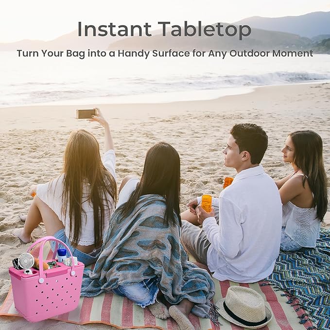 Tote Topper Tray Accessories for Bogg Bag Large Only – Waterproof EVA Table Top Organizer Lid with Cup Holder, Snack, Phone & Drink Holders for Beach, Pool, Picnic, Travel (Pink)