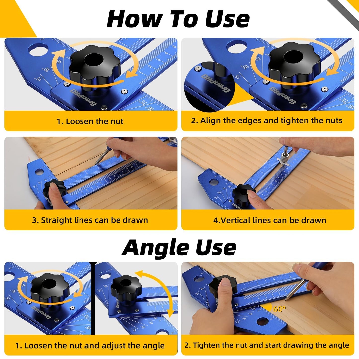 GRENPRO Woodworking Scriber Marking Line Ruler with Carpenter Pencil & Metal Ruler, Adjustable Aluminum Alloy Sliding T-Square Ruler, Measuring Angle Finder with Adjustment Scale,Drawing Aid Rule tool