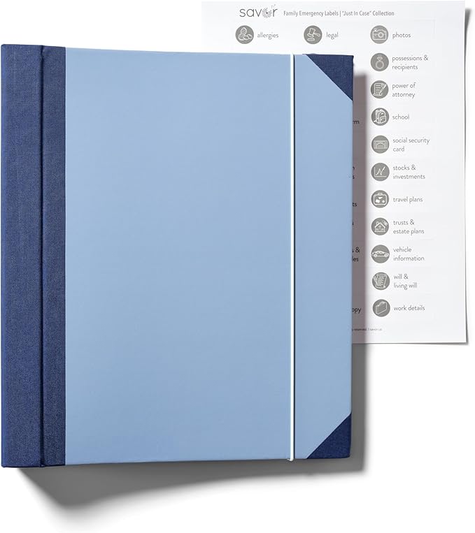 The Folio® If I Die Binder Organizer by Savor | Acid-Free Document Organizer with Labels, 10 Pockets for Birth Certificates, Wills, Investment Plans | Mother’s Day Gift for Moms (Blue)