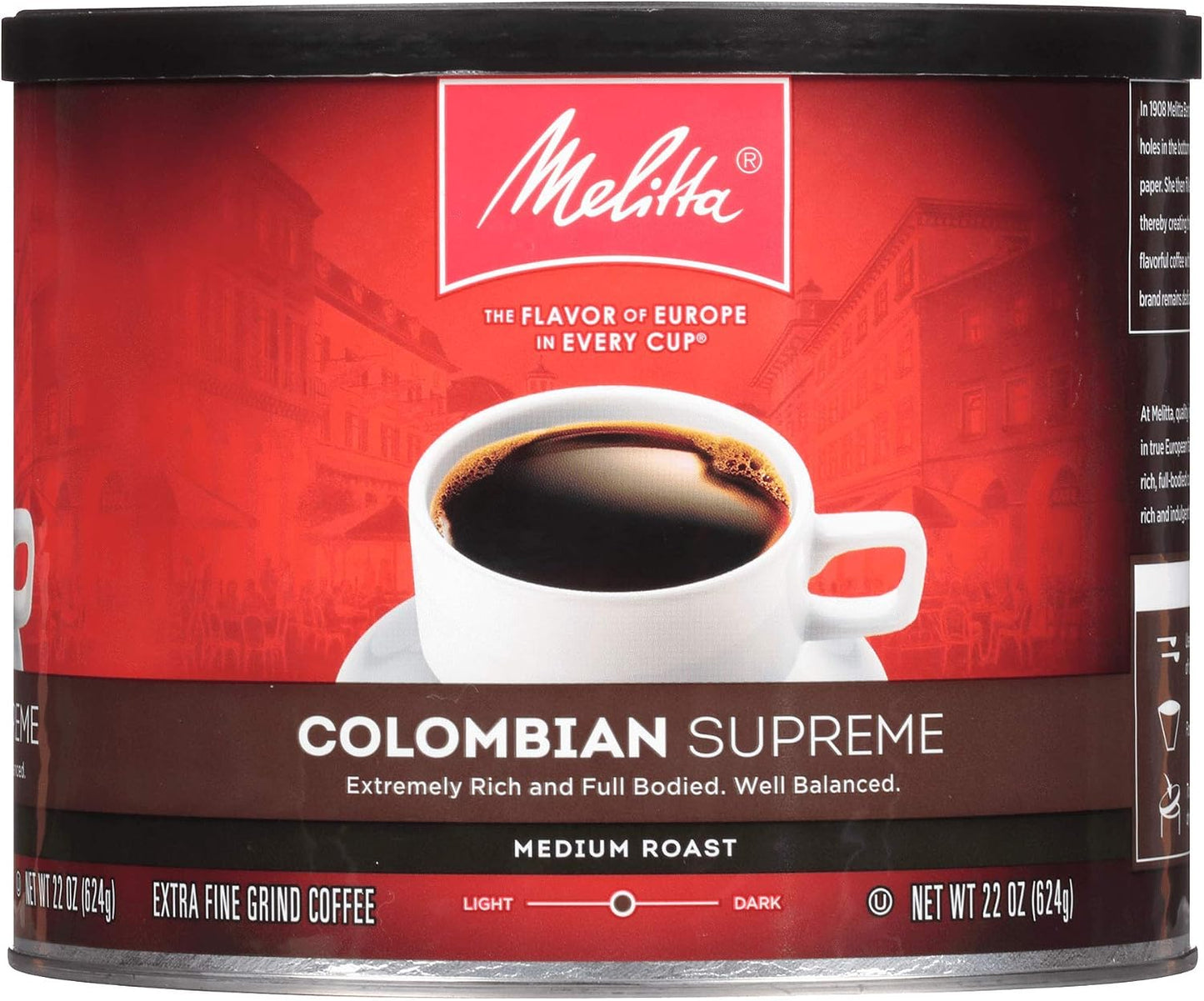 Melitta Colombian Supreme Coffee, Medium Roast, Extra Fine Grind, 22 Ounce Can