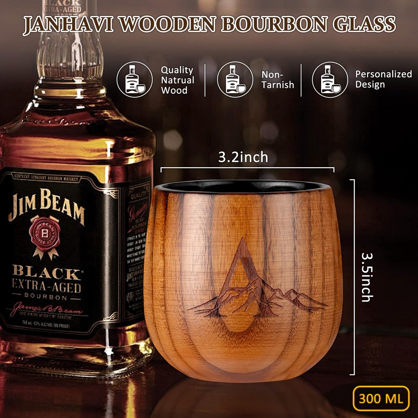 Janhavi Original Charred Wooden Bourbon Drinking Glass,Personalized Whiskey Glasses with Initials,Unique Gifts for Men Husband,Father,Brother Friends,Mens Birthday Gift Ideas,Wooden Whiskey Cup (S)