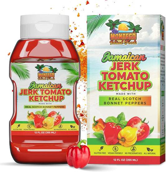 Montego Island Foods Jamaican Jerk Tomato Ketchup – Thick & Rich Premium Ketchup with Scotch Bonnet Peppers, Allspice & Bold Caribbean Spices – All-Natural, Gluten-Free, Vegan – 12 oz Squeeze Bottle
