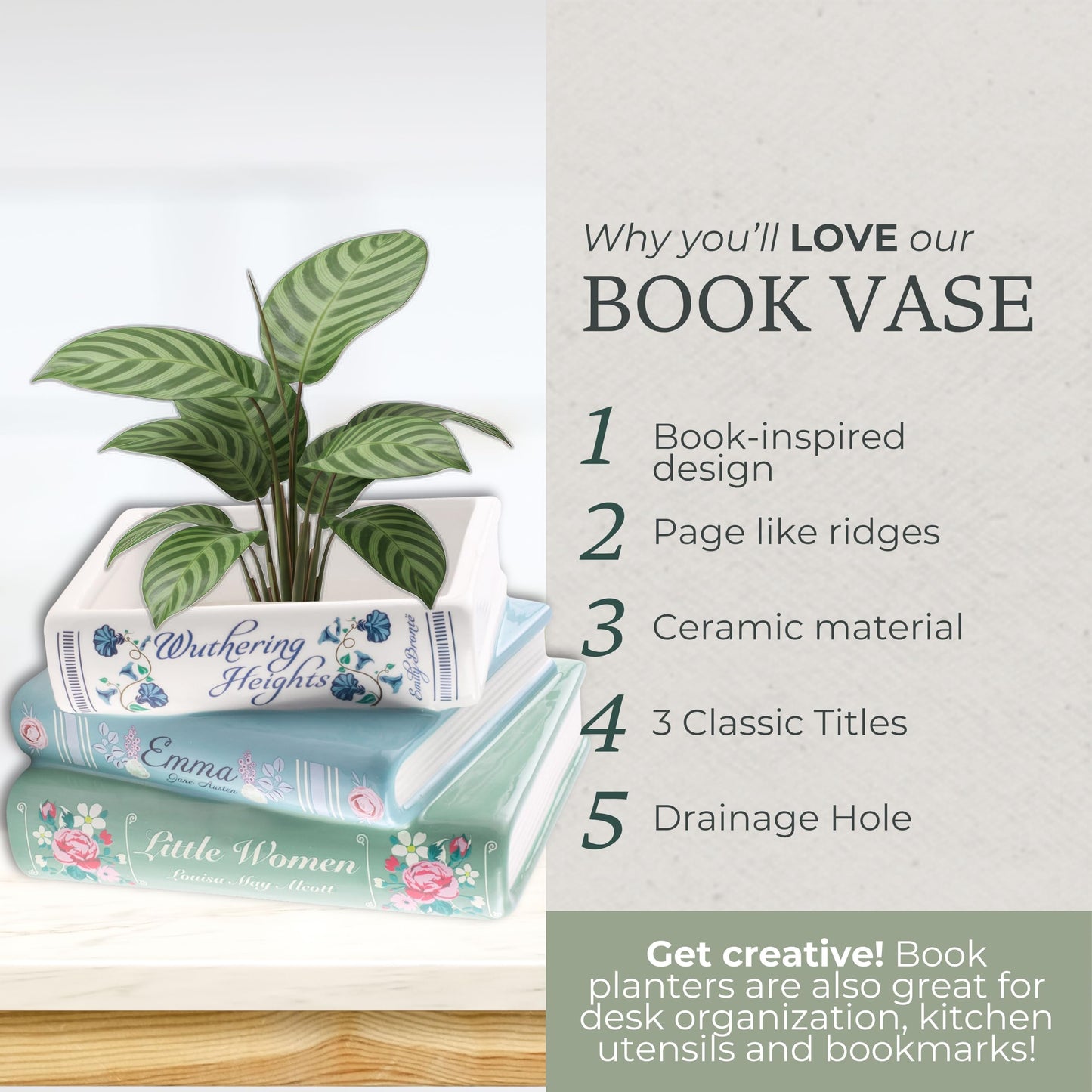 Steel Mill & Co Small Book-Shaped Decorative Ceramic Planter for Home Decor, Bookshelf, Classic Titles Bookstack, 5" x 7"" x 3.75"""