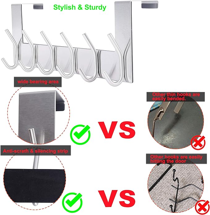 SKOLOO Over The Door Hook - 6 Hooks, No Assembly Required, Stainless Steel Door Hooks, Over Door Coat Rack for Hanging Coats Clothes Hats Robes, Silver, Pack of 2