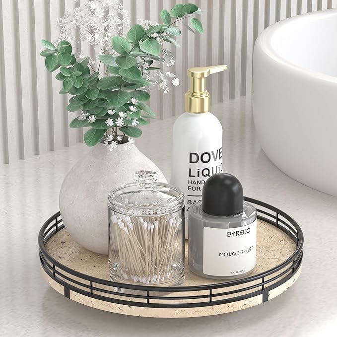 Italian Natural Travertine Lazy Susan Turntable for Table Top â 10â Round Marble Tray Organizer for Bathroom, Vanity, Dining Table, Kitchen Countertop & Bar, Luxury Stone Serving Tray with Black Frame