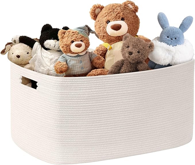 60L Small Baby Girls Laundry Basket for Nursery Storage,Cute Woven cotton Rope Baskets for Kids Toyï¼Gifts,Boho Square Wicker Blanket hamper for Living Room,Bedroom Dirty Clothes, White