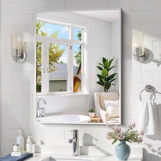 Silver Bathroom Mirror for Wall, 24x32 Inch Rectangle with Metal Frame, Modern Vanity for Bathroom Living Room, Entryway Hangs Horizontal or Vertical