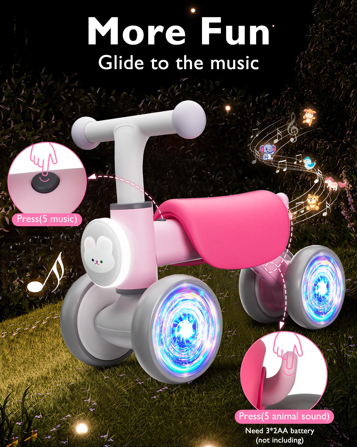 Colorful Lighting Baby Balance Bike for 1 Year Old Girls, Toddler Toys for 1 Year Old Girls Gifts, First Bike with Music and Soft Seat, 12-24 Month Toddler Balance Bike, First Birthday Gifts