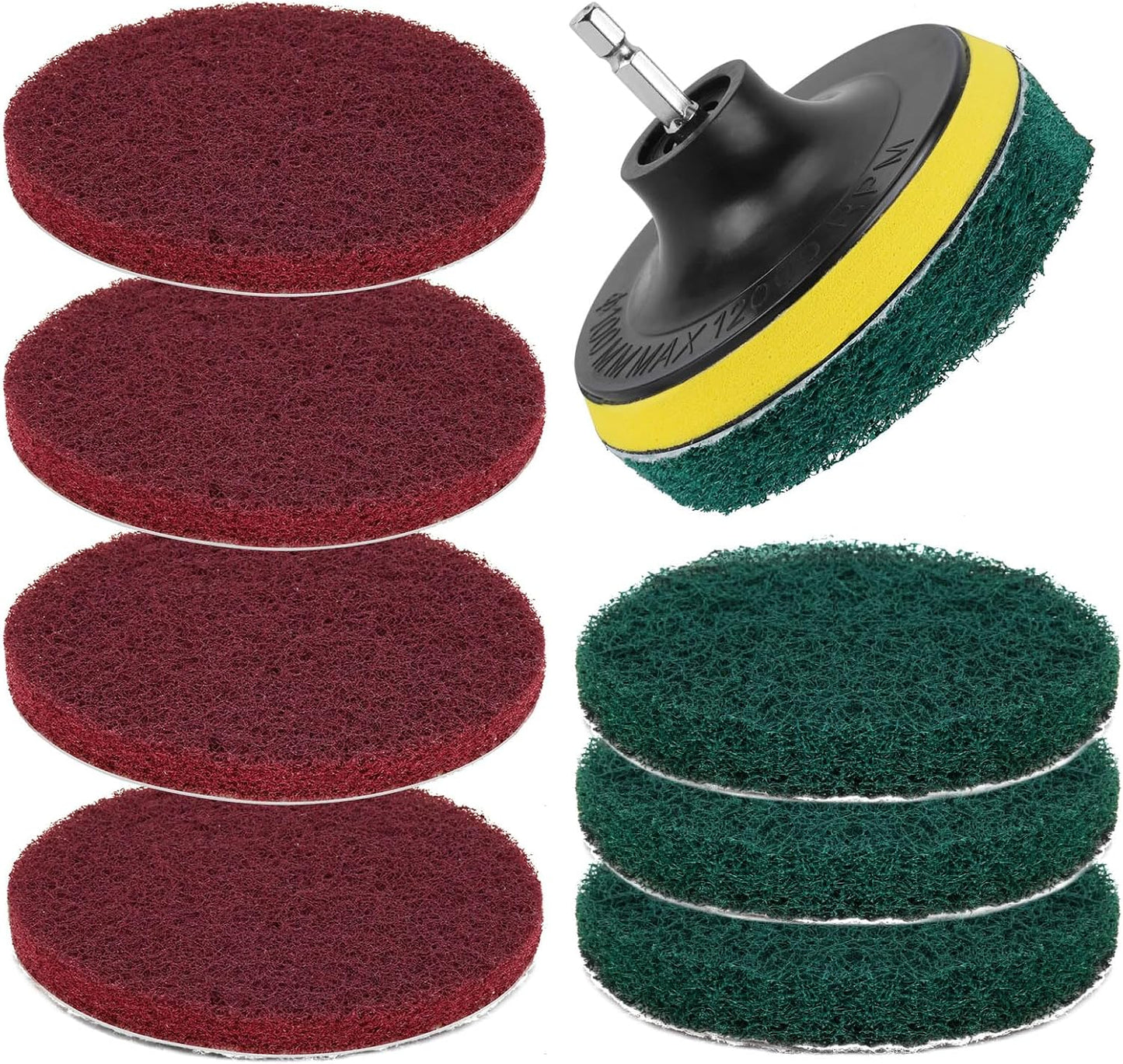 4-Inch Scrub Drill Brush Power Scouring Pads Household Cleaning Set 4 Red Pads 4 Green Pads 1 Drill Attachment and 1 Universal Shaft for Kitchen Bathroom Tiles Bathtubs Glass Porcelain