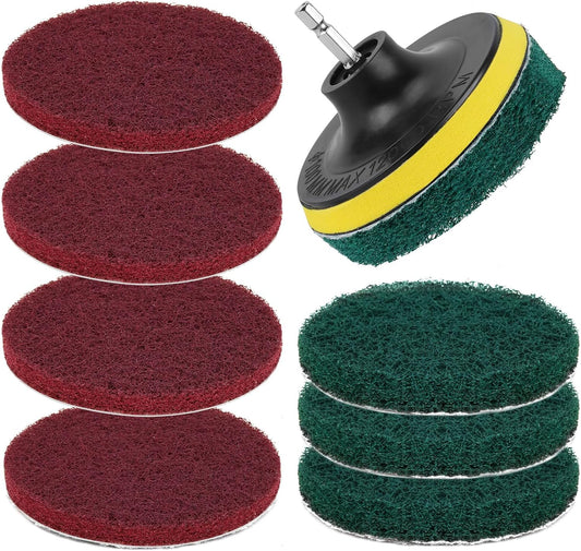 4-Inch Scrub Drill Brush Power Scouring Pads Household Cleaning Set 4 Red Pads 4 Green Pads 1 Drill Attachment and 1 Universal Shaft for Kitchen Bathroom Tiles Bathtubs Glass Porcelain