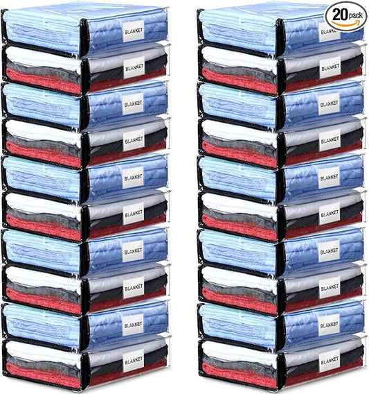 Kenning Set of 20 Clear Zippered Storage Bags for Sheet Organizer Plastic Sweater Bags with Handle Pocket Vinyl Bag for Bed Blanket Throw Pillow Toys(Black,11 x 15 x 4 Inch)