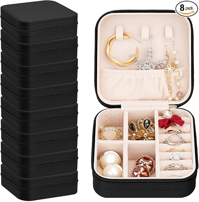 Leezmark 8 Pcs Jewelry Travel Case, Bridesmaid Gifts Set Of 6 & 8, Velvet Portable Jewelry Travel Organizer Small Jewelry Box Bridesmaid Proposal Gifts Box Mini Storage Organizer Storage Box, Black