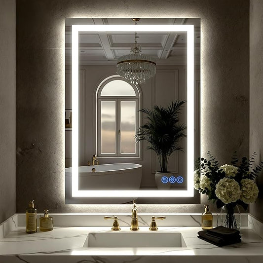 LED Bathroom Mirror with Lights 24"x36", Wall-Mounted Vanity Mirrors Front & Backlit Separate Light Control Stepless Dimmable Anti-Fog Memory 3 Color Temperatures Shatter-Proof Tempered Glass