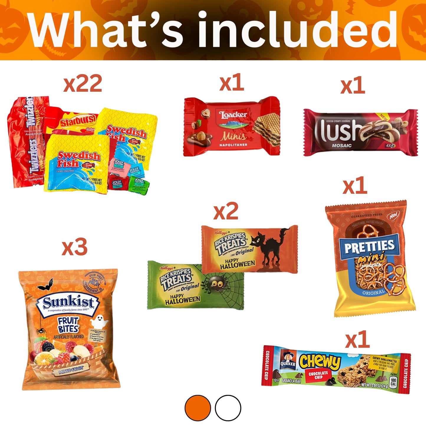 Halloween Assorted Pumpkin Bucket (44 Count) Filled with Candies, Snacks, Cookies and more, Treats for Family, Friends, Kids, Boys and Girls