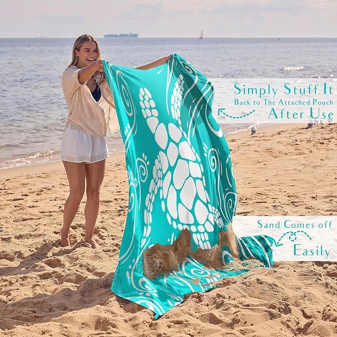 WEKAPO Beach Blanket Waterproof Sandproof Oversized Extra Large Sand Free Beach Mat with Stakes, Storage Bag - Essentials for Outdoor Beach, Picnic (Gradient Teal Sea Turtle, 8 X 7 FT (1~4 Person))