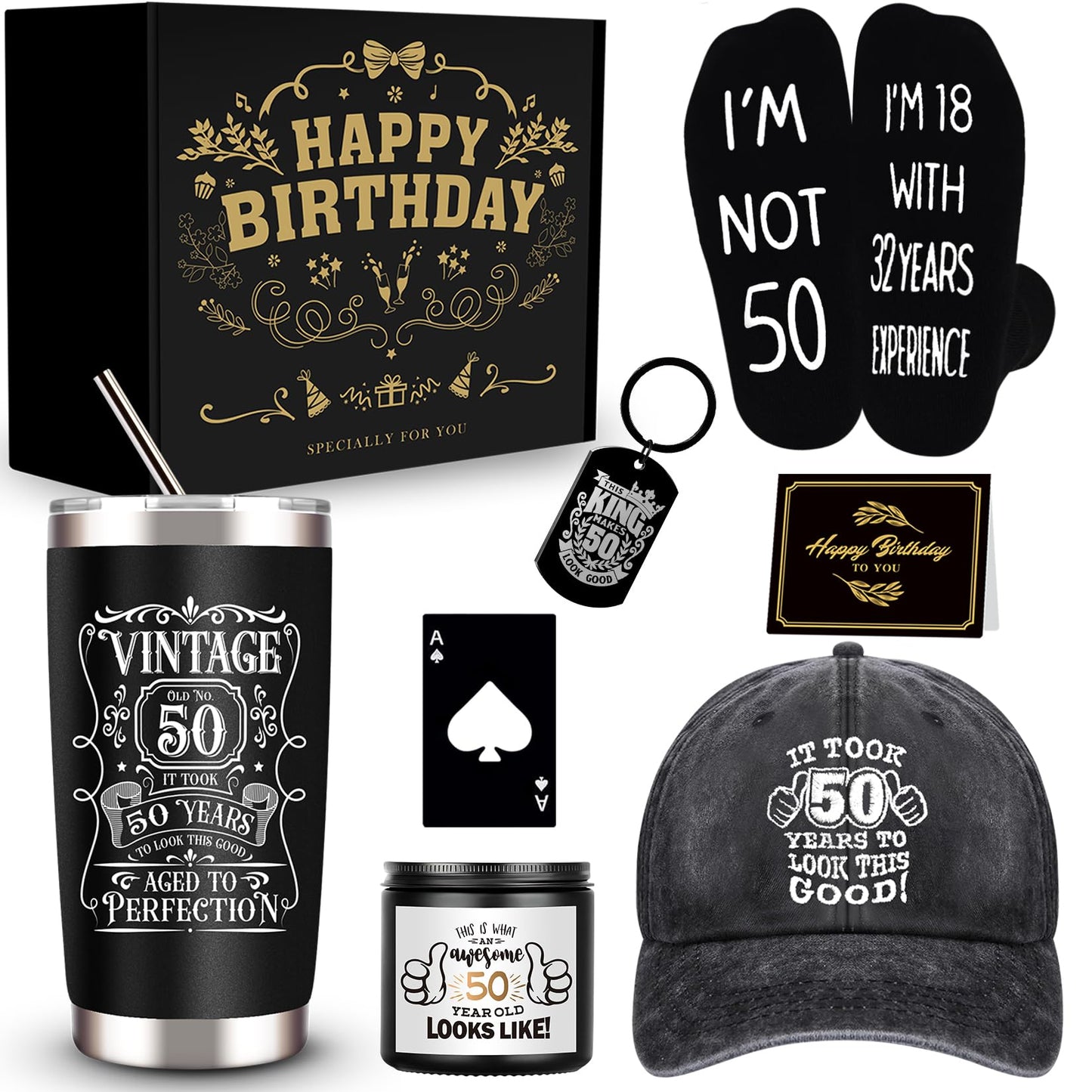 JTAMOHI 50th Birthday Gifts for Men - Unique Box with 20 Oz Tumbler, Scented Candle, Socks, Baseball Cap for Husband, Dad, Grandpa, Friends, Teachers, Boss