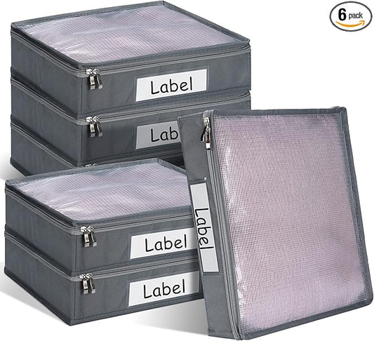 Panelee 6 Pcs 14 x 12 x 3 Inch Sweater Storage Bags Easy Gliding Zippered Sweater Package Organizer Closets Under The Bed Zippered Storage Bags with Label Pocket to Avoid Dust Dirt(Gray)