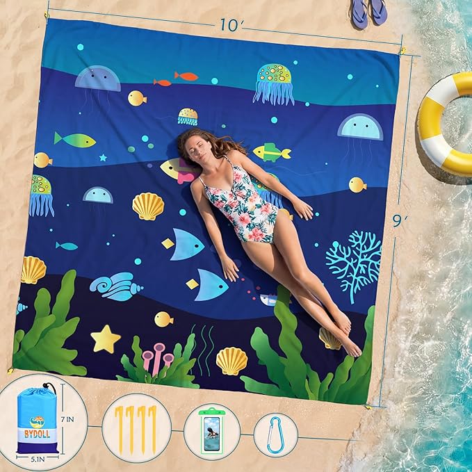 BYDOLL Beach Blanket Waterproof Sandproof 78''×110'' Suits1-7 Adults Compact Lightweight Oversized Sand-Free Blanket Large Picnic Mat for Beach Travel Camping Hiking