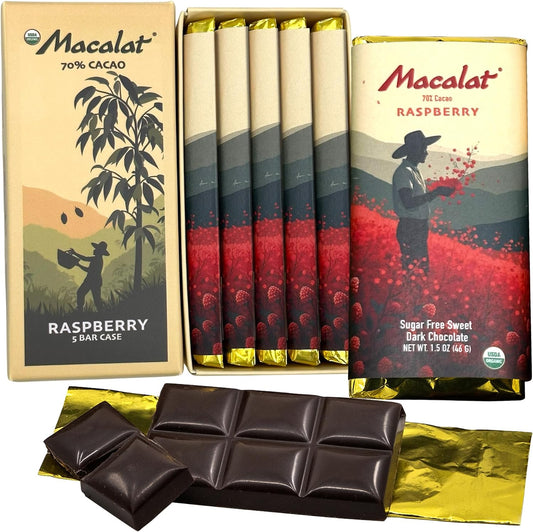 Macalat Raspberry Bar, Sugar-Free Sweet Dark Chocolate with Organic Raspberry, 70% Peruvian Organic Cacao Bar, Plant-Based, Non-GMO, Bitter-Free Allulose and Monkfruit Chocolate Bar, 1.5 oz 5 bar