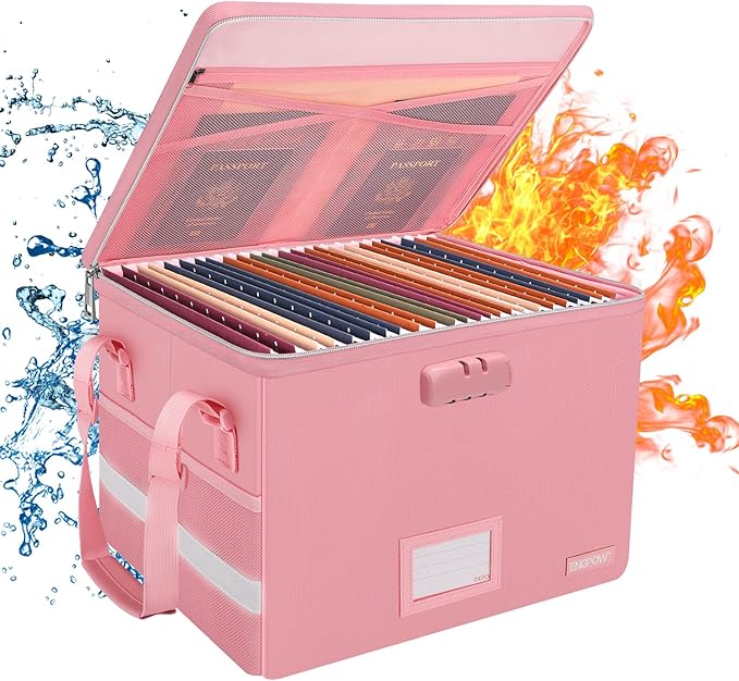 ENGPOW File Box with Lock, Fireproof Document Box with Zipperï¼Pockets, Collapsible File Organizer Filing Storage Cabinet with Handle, Portable Home Office Safe for Hanging Letter/Legal Folder, Pink