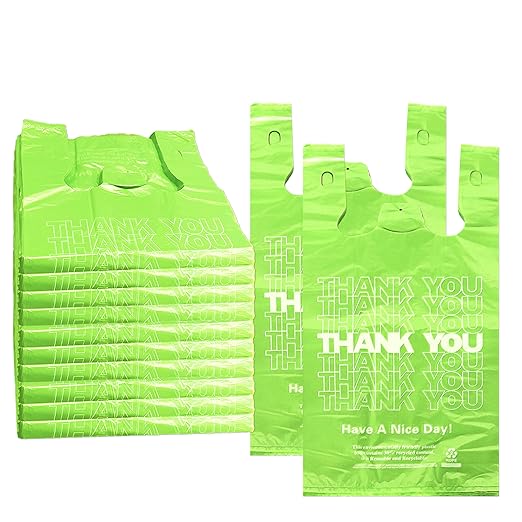 YoYoRain 1000 Pack “Thank You” T-Shirt Bags – Green Plastic Shopping Bags with Handles, Reusable & Disposable, for Takeout, Retail, Grocery, Small Business