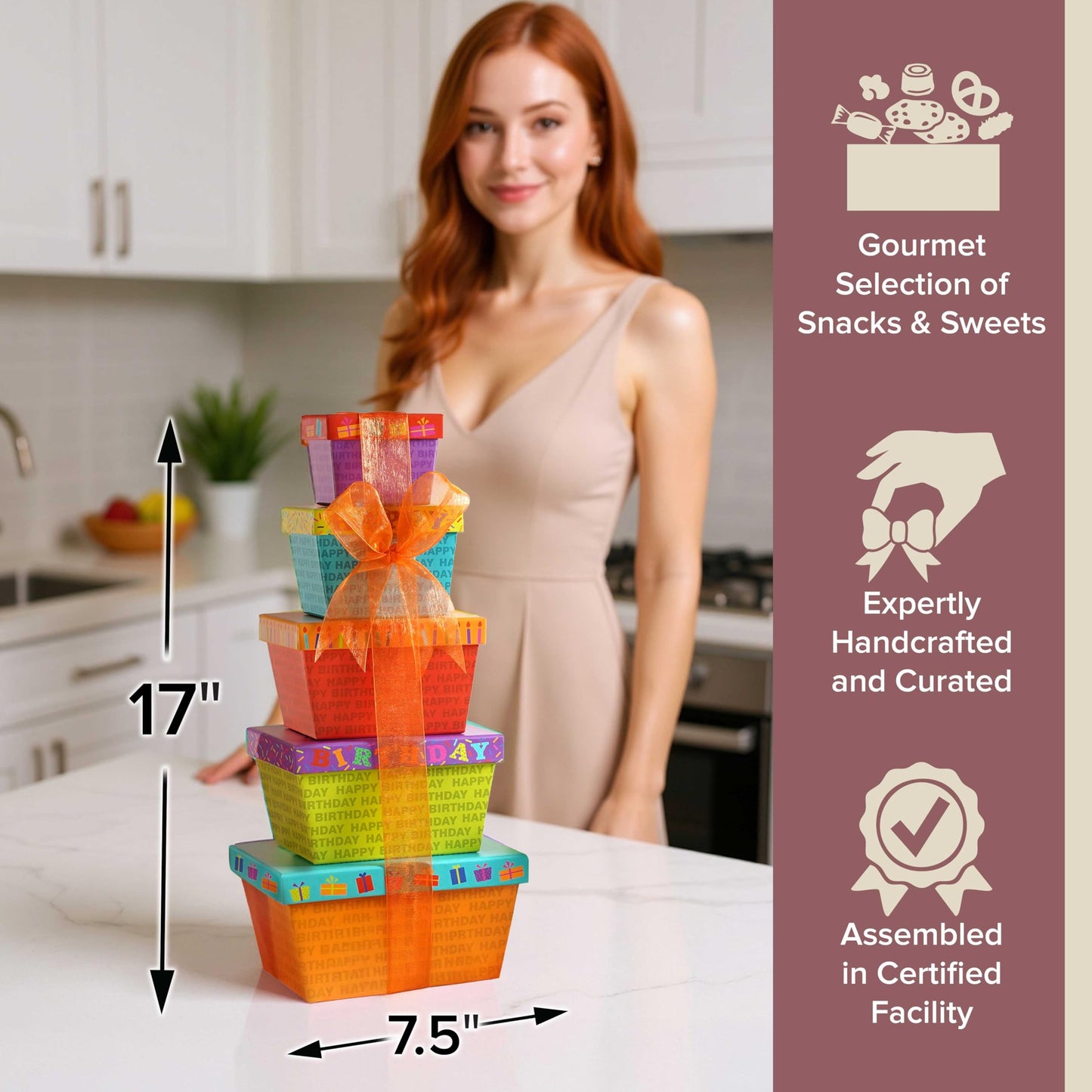 Broadway Basketeers Birthday Gift Basket Tower for Women, Men, Mom, Dad, Her, Him, Kids, Families – Curated Snack Box, Sweet and Savory Treats for Parties