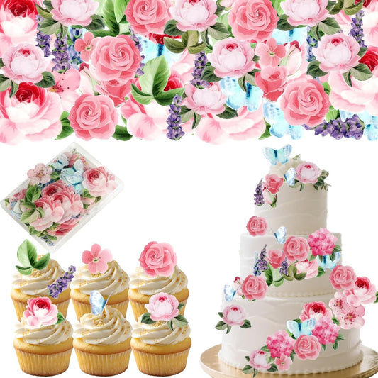 100Pcs Edible Flowers Cake Decorations - Wafer Paper Edible Flowers & Butterflies & Leaves Cupcake Toppers, Flower Cupcake Toppers for Wedding Birthday Baby Shower Party Cake Decorating