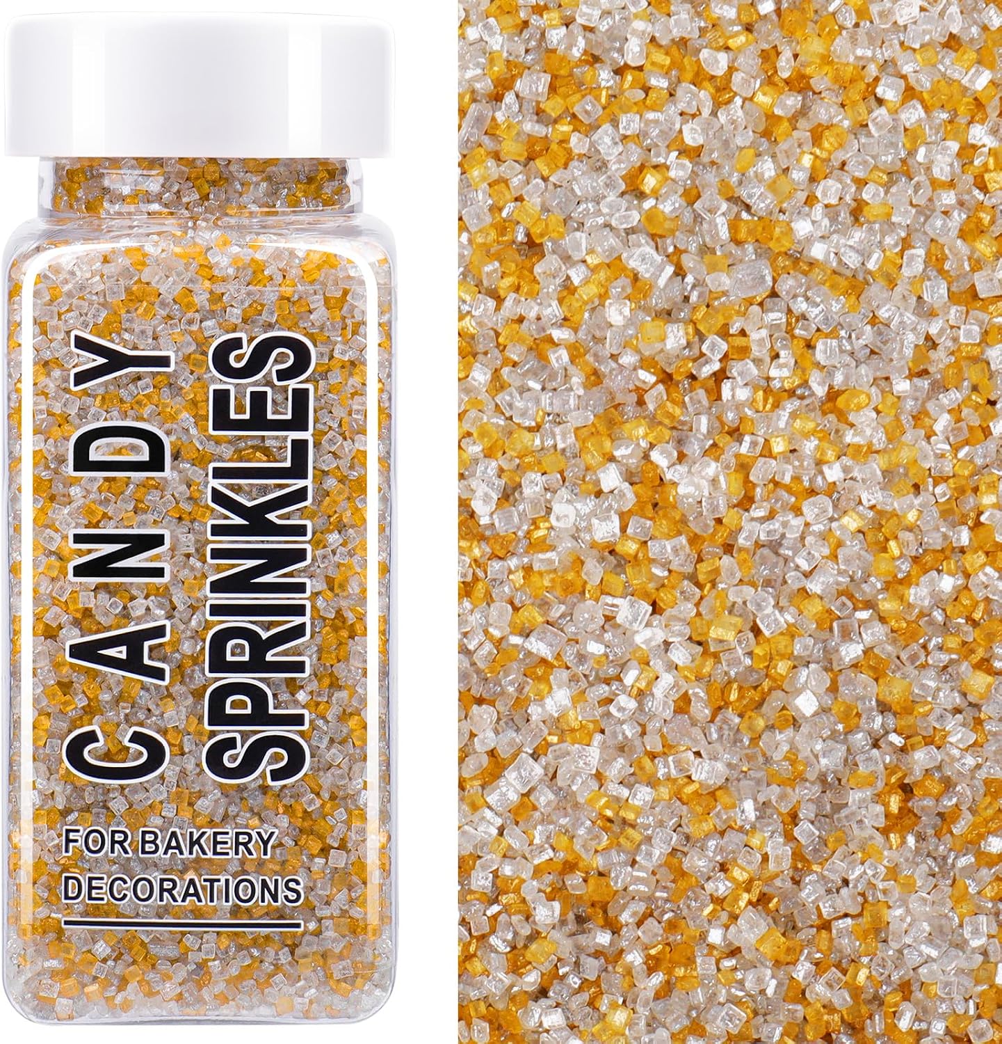 Gold Silver White Sanding Sugar Sprinkles Mix, 4.6 oz Edible Sparkling Sugar Crystals for Baking Topping, Cupcakes, Cookies, Ice Cream & Cake Decorating, Wedding Graduation Party Christmas Supplies