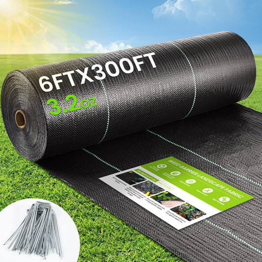 Weed Barrier Fabric, 6x300ft Landscape Fabric, 3.2oz Heavy Duty Durable Woven Geotextile Fabric, High Permeability Ground Cover Mat, Driveway Fabric, Garden Weed Control Cloth with 20 U-Securing Pegs