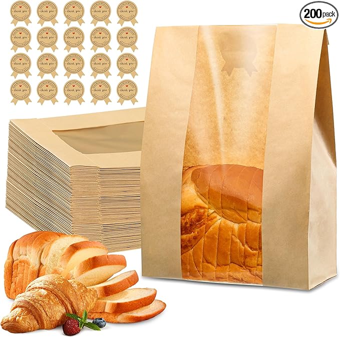 200 Pcs Bread Bags for Homemade Bread, Sourdough Paper Bags With Window, 50% Thicker 13.7x8.2x3.7in, A Large Bakery Bag Used for Storage Sourdough & Snacks, 210 Cute Sealing Stickers With Ties