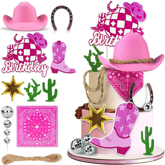 Cowgirl Birthday Cake Topper Cowgirl Hat Scarf Western Rodeo Theme Decoration for Birthday Baby Shower Western Theme Party Favors Supplies (Pink)