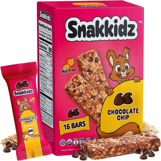 Snakkidz Organic Chewy Granola Bars for Kids, Allergen-Free, Nut-Free, Gluten-Free, Low Sugar Snack Bars Made with Avocado Oil, Individually Wrapped, School Lunch Snacks, Bulk Pack of 15, Chocolate Chip