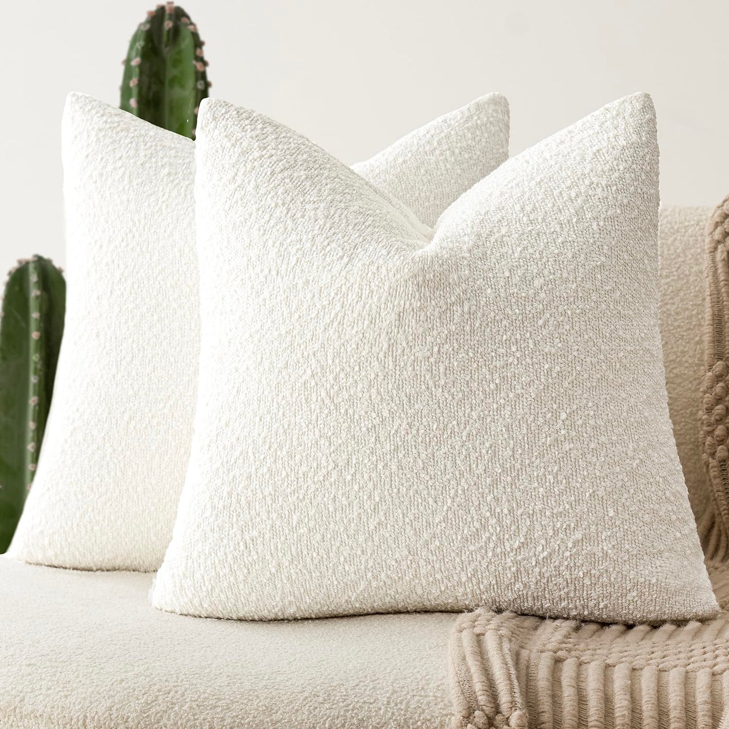 Foindtower Pack of 2 Textured Boucle Throw Pillow Covers Accent Solid Pillow Cases Cozy Soft Decorative Couch Cushion Case for Chair Sofa Bedroom Living Room Home Decor, 18 x 18 Inch,White