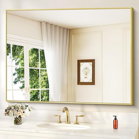 Gold Bathroom Mirror for Wall, 30x48 Inch Rectangle Mirrors with Metal Frame, Modern Vanity Wall Mirror Decor for Bathroom Living Room, Entryway Hangs Horizontal or Vertical