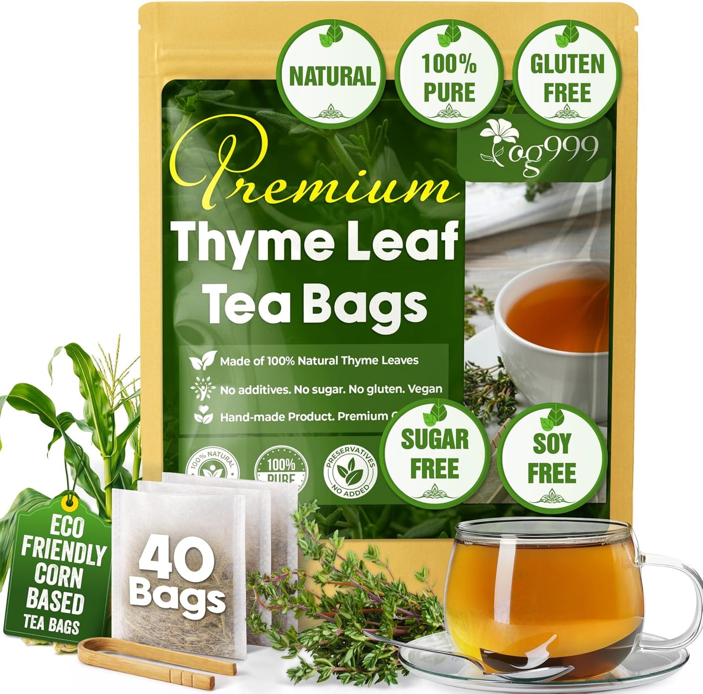 TOG999, Premium 40 Thyme Leaf Tea Bags, 100% Natural & Pure Thyme Leaves. Loose Leaf Thyme Herbal Tea. Thyme Leaf Tea. No Sugar, No Caffeine, No Gluten, Vegan.