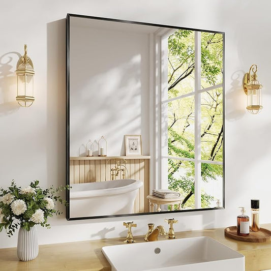 Koonmi Bathroom Mirror for Wall, 28"x32" Black Bathroom Mirror for Over Sink, Shatterproof Tempered Glass Vanity Mirror with Anti-Rust Aluminum Alloy Frame, Hang Horizontally or Vertically