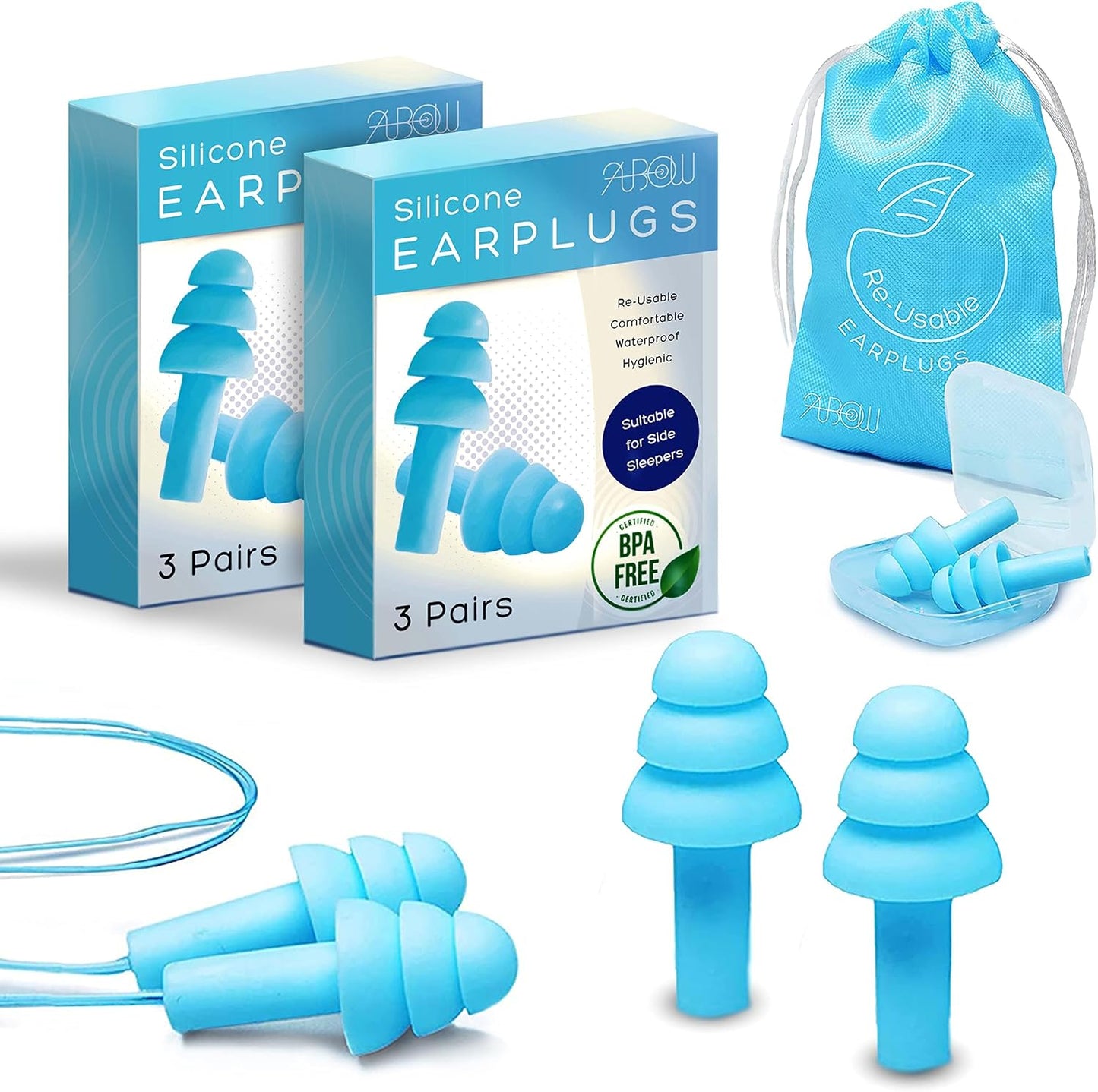 Soft Ear Plugs for Sleeping Noise Reduction, Made of Silicone, Suitable for Sleeping & Swimming, Soft Reusable Earplugs for Noise Reduction, Adjustable Size for Concerts & Snoring (6 Pairs)