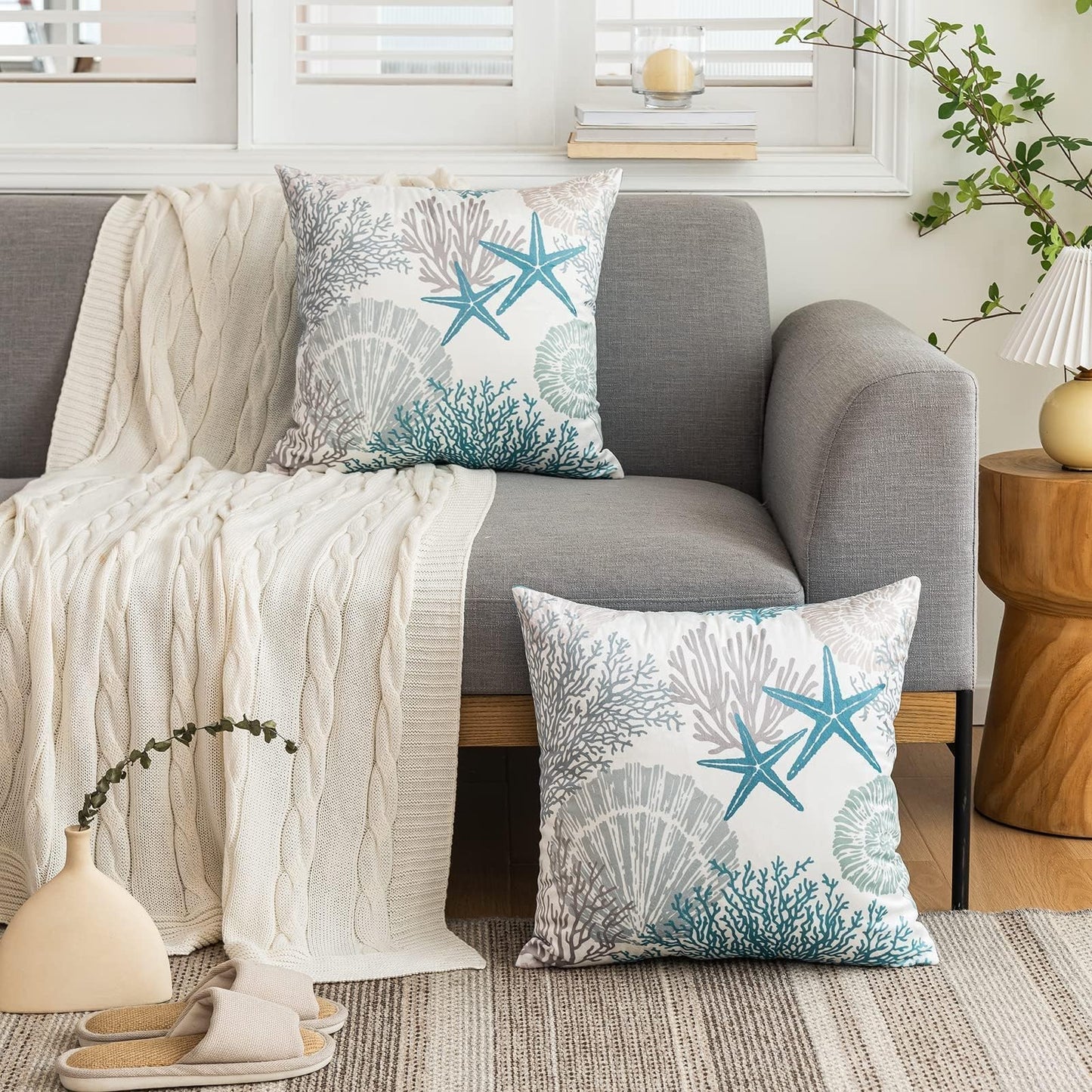 Tritard Nautical Coastal Throw Pillow Covers 18x18 Set of 2 Beach Themed Ocean Seashell Coral Starfish Velvet Couch Decorative Pillow Cases Outdoor Sofa Cushion Cover for Bedroom Living Room, Blue