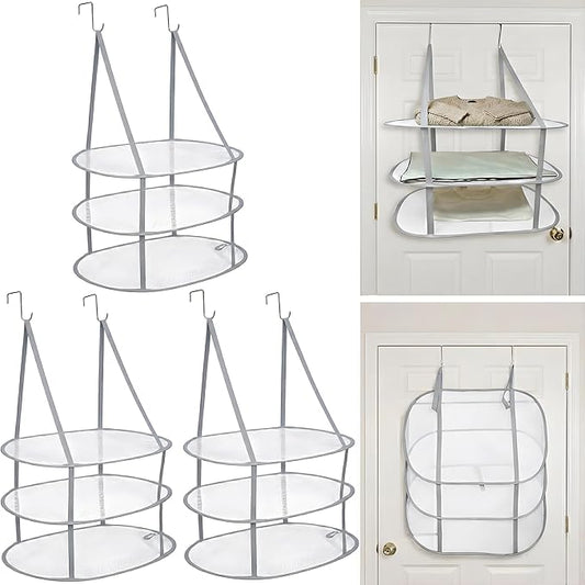 SAMJANE Sweater Drying Rack Hanging â Lay-Flat Warp-Knit Airflow Mesh for Delicates, 3-Tier Foldable Space-Saving Door-Hanging Design for Fast Drying & No Deformation in Small Spaces (Grey- 3 Pack)