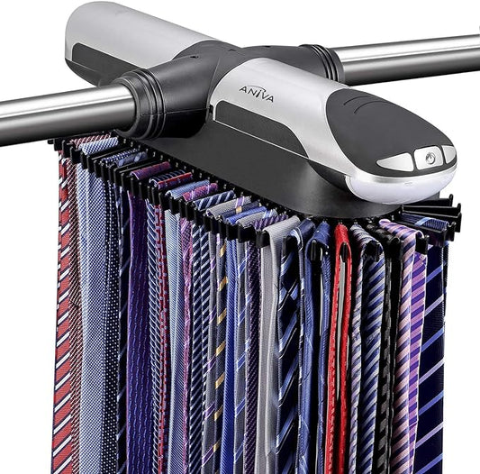 Aniva Motorized Tie Rack Closet Organizer with LED Lights Includes J Hooks for Wired Shelving Stores Up to 72 Ties & 8 Belts, Operates with Batteries