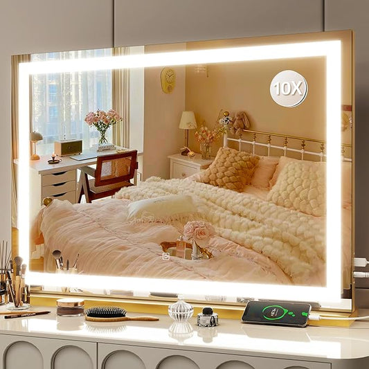 FENNIO Vanity Mirror with Lights 32"x22", Lighted Makeup Mirror, Large Vanity Mirror, Touch Sensor with 3-Color Lighting, 10X Magnification and USB Charging Port for Vanity Deskï¼Square Goldï¼