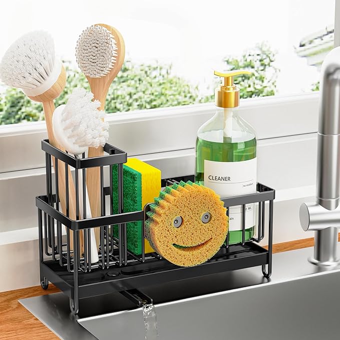 Cisily Sponge Holder for Kitchen Sink, Sink Caddy Organizer with High Brush Holder, Kitchen Countertop Organizers and Storage Essentials, Rustproof 304 Stainless Steel (Black with Smiley Face, 9.25â³)