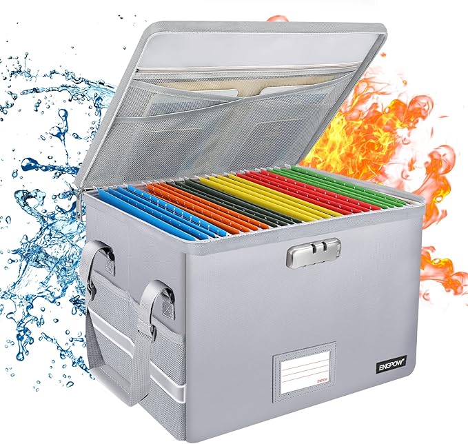 ENGPOW File Box with Lock, Fireproof Document Box with Zipperï¼Pockets, Collapsible File Organizer Filing Storage Cabinet with Handle, Portable Home Office Safe for Hanging Letter/Legal Folder,Silver