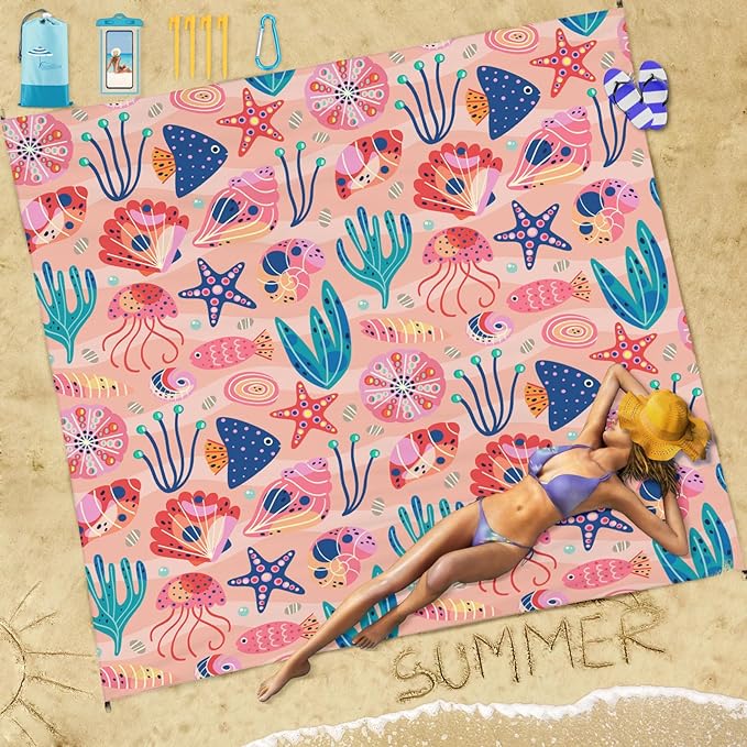 Famstar Beach Blanket Sandproof Waterproof 78''×110'' 1-7Adults Oversized,Compact Lightweight Durable Beach Mat for Travel Camping Hiking Picnic Blanket