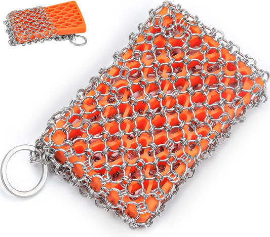 Herda 316L Cast Iron Scrubber Cleaner, Large Cast Iron Chain Mail Scrubber - Chainmail Scrubber Sponge - Metal Skillet Scrubbing, Wok, Dutch Oven Cleaning Kit-Detachable