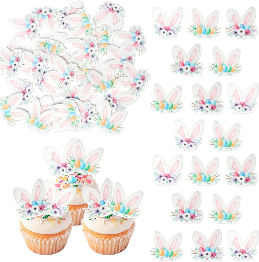 48 PCS Edible Happy Easter Bunny Ears Cupcake Toppers Wafer Paper Rabbit Ears Bunny Party Cake Decorations for Easter Day Theme Baby Shower Birthday Party Cupcake Food Decorations Supplies