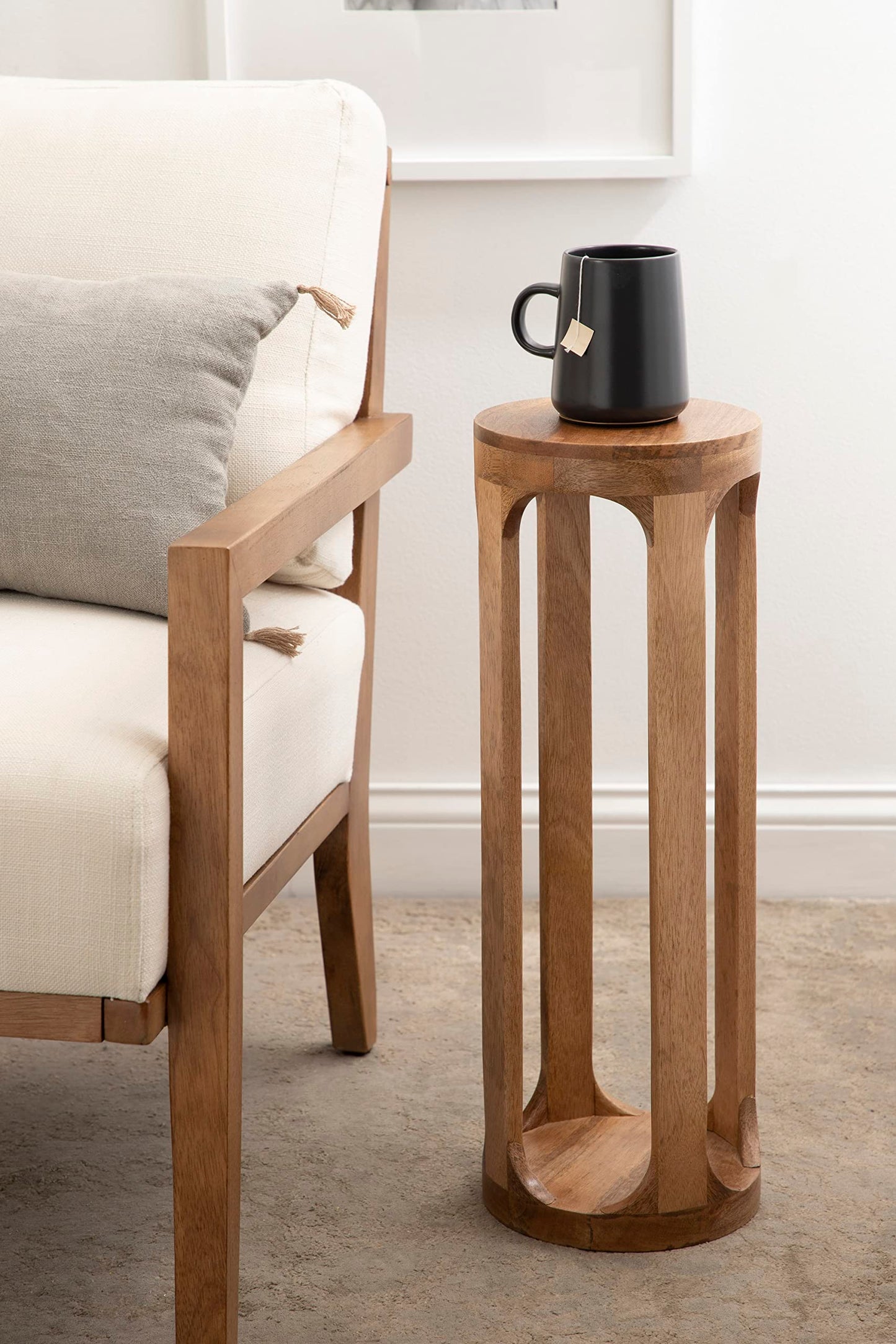Kate and Laurel Dahl Wooden Round Drink Table; 8 x 23; Natural Brown; Transitional Boho Circle Wood Accent Pedestal Table for Living Room Plant Stand or Small Bedroom Nightstand