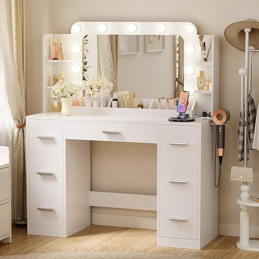 Furmax Vanity Desk with Hollywood Style Mirror with LED Lights, Makeup Table Vanity with 2 AC Outlets and1 USBï¼1 Type-C Port, Adjustable Lighting, Modern Ample Storage Drawers Dressing Table (White)